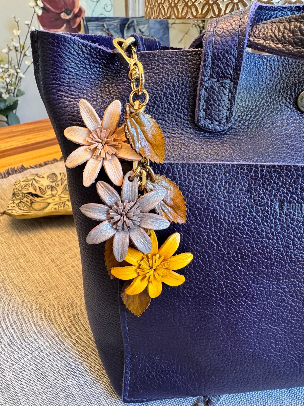 Autumn Yellow Flower Bag Charm Genuine Leather Purse Charm Flower Charms NEW!